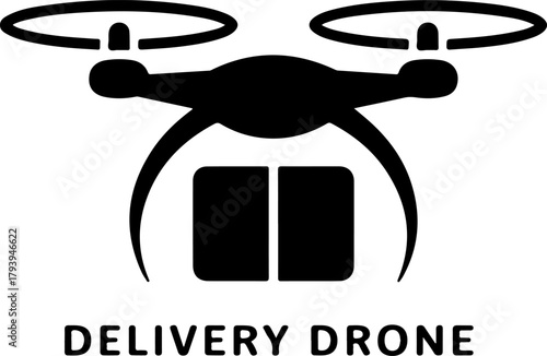 Black silhouette of a delivery drone carrying a package