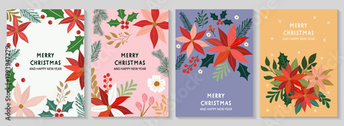 Four New Year-themed Christmas cards, adorned with poinsettias, pine branches, berries, and snowflakes, suitable for New Year's greetings, brand marketing, and holiday packaging design.