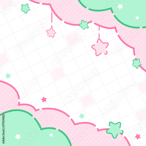 Whimsical Sky Design: A captivating and serene design features soft, pastel-colored clouds, playful stars, and subtle dotted accents. Ideal for conveying a sense of serenity and creativity.