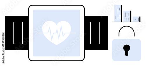 Smartwatch displaying heartbeat with pulse line, bar chart analytics symbol, and padlock for data security. Ideal for healthcare, fitness tracking, data privacy, technology, wellness, statistics