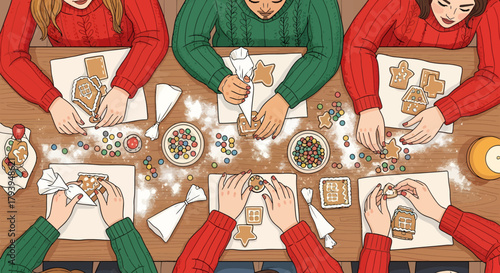 People decorating gingerbread cookies with icing and colorful candies around a wooden table, viewed from above.