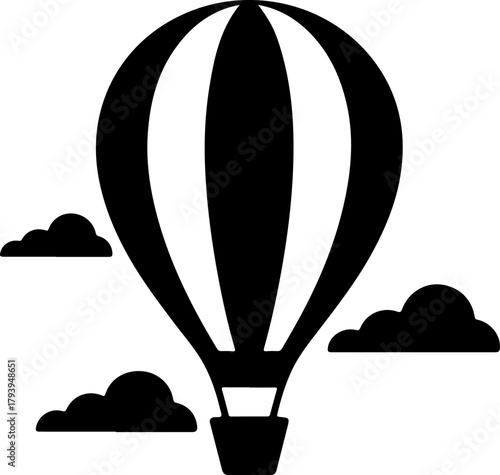 Black and white hot air balloon silhouette with clouds on a beige background