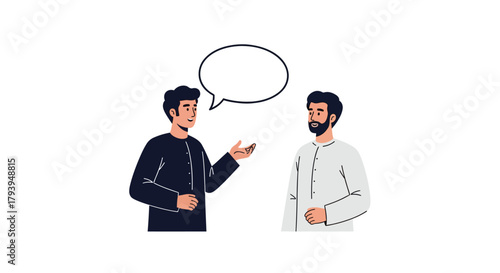 Two men in conversation with a speech bubble above one of them.