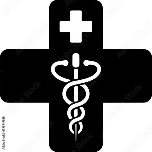 Black medical cross symbol with caduceus and white cross