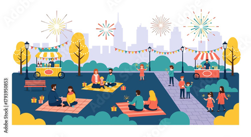 Enjoy vibrant community event with families celebrating together at outdoor festival with food carts and sparklers during festive holiday gathering