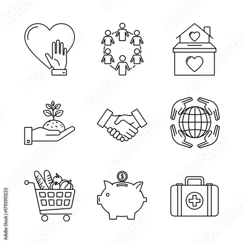 Essential charity and community outreach icons symbolizing support, growth, and global wellbeing: a vector-based collection representing giving back and positive impact