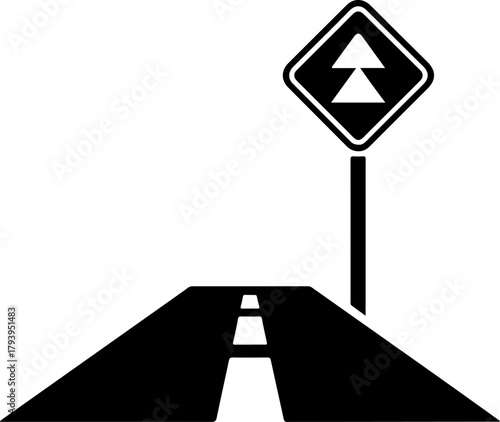 Black and white illustration of a road with a traffic sign indicating two lanes merging