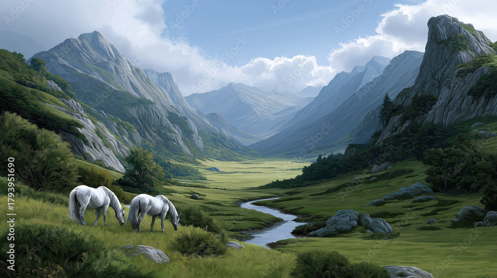 Fototapeta premium Majestic mountains surround serene valley with two white horses grazing peacefully near winding river. tranquil landscape evokes sense of calm