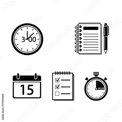 Master your schedule with essential planning tools including a clock, notebook, calendar, checklist, and stopwatch for ultimate productivity and time management success
