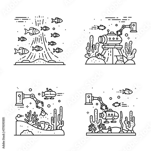 Explore ocean depths with advanced submersibles and robotic arms for marine research and discovery, capturing vital underwater science and exploration