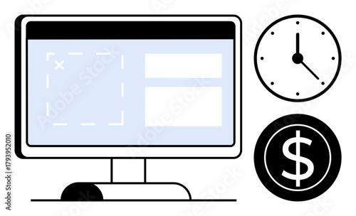 Computer monitor displaying user interface design, clock symbolizing time management, dollar sign for financial aspects. Ideal for productivity, UI design, freelancing, finance, time tracking