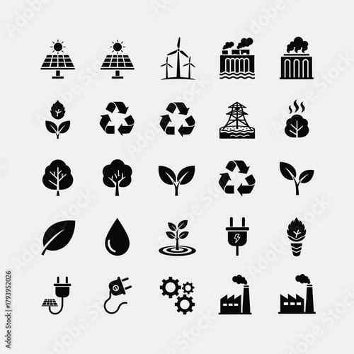 Sustainable energy icons showcasing solar, wind, and eco-friendly power generation for a greener future