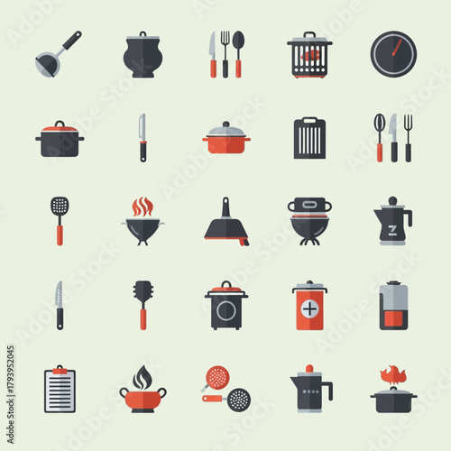 Vibrant collection of modern kitchenware icons including pots pans utensils and cooking appliances for design projects