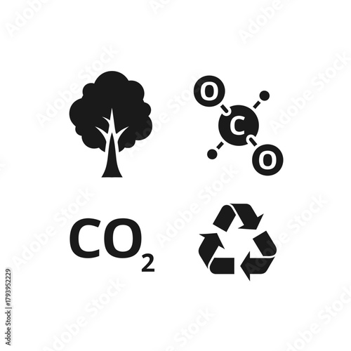 Eco friendly concept with tree, CO2 molecule, carbon dioxide text, and recycling symbol for sustainability and environmental protection