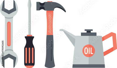 Essential Tools Wrench Screwdriver Hammer and Oil Can.