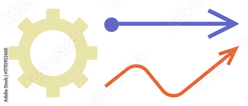 Yellow gear with straight blue arrow and curved red arrow, symbolizing process, efficiency, progress, innovation, strategy, teamwork, and growth. Ideal for business strategy workflow or simple