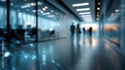 Modern office corridor with blurred business professionals walking, illuminated by futuristic lighting. Abstract digital network connections overlay the scene, symbolizing innovation and technology