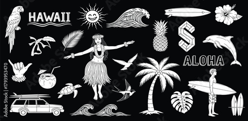 Hawaii Tropical Vacation Paradise Icons Collection