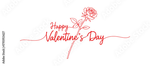 Happy Valentine's Day handwritten note, postcard featuring a rose flower. continuous single line art sketch, logo