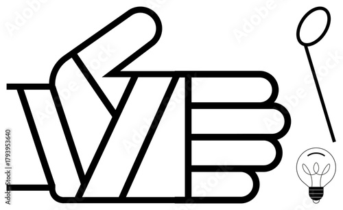 Bandaged hand giving thumbs-up beside lightbulb and spoon emphasizes optimism, recovery, and creativity. Ideal for health, resilience, support, positivity, innovation, determination simple flat