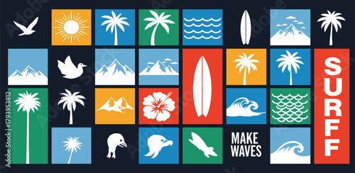 Vibrant collection of seamless vector patterns celebrating the wild west with stylized desert flora, traditional cowboy apparel, and majestic rock formations in a unique illustrative style