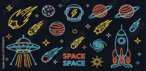 Neon Space Elements Rockets, Planets, Comets, UFOs, and Stars
