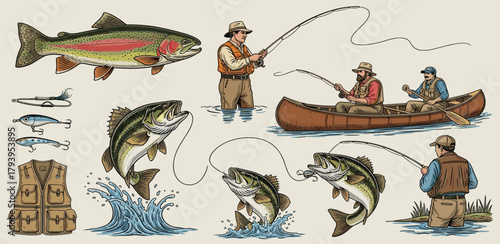 Fishing Adventure Vector Set Trout, Bass, Fisherman, and Gear