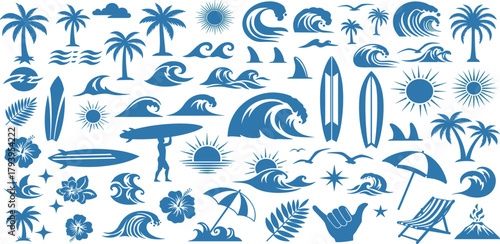 Vector illustrations of beach elements, including waves, palm trees, sun, surfboards, and ocean scenery