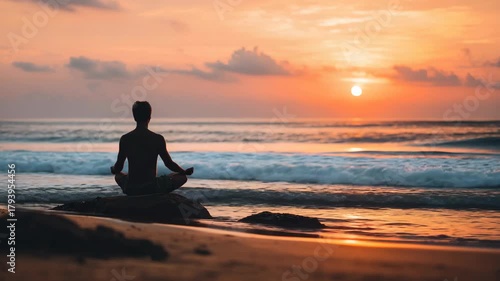 Wallpaper Mural Serene Yoga Practice of Man on Beach During Sunset Torontodigital.ca