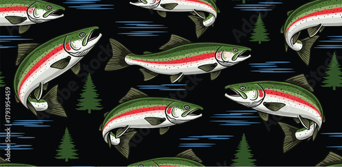 Rainbow Trout Pattern Seamless Design Featuring Fish, Trees, and Water on a Black Background