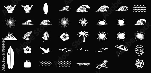 Tropical Beach Elements Vector Icons of Surf, Sun, and Sea