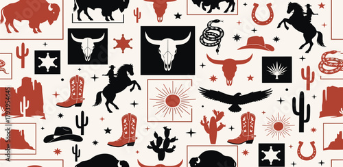 Retro Western Pattern with Cowboy Boots, Horses, and Skull Graphics