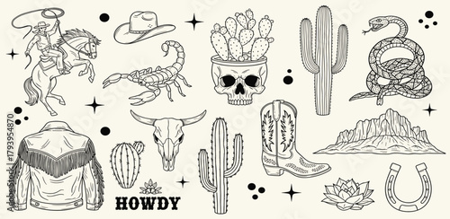 Line Art Collection Cowboy-Themed Illustrations Featuring Western Elements, Including Cactus, Snake, and More