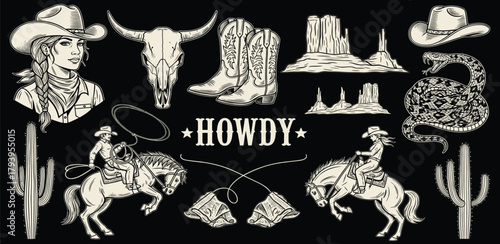 Collection of Western-themed illustrations including cowboys, horses, cacti, boots, and bull skull