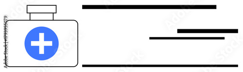 White bottle with blue cross beside lined text, symbolizing medical care, treatment, and record-keeping. Ideal for healthcare, pharmacy, prescription, storage, nursing emergency simple flat