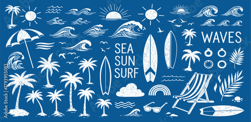 Summer Beach Hand-drawn Sketch Elements Set with Tropical Palm Trees, Ocean Waves, Sun, and Surf Gear for Vacation Concepts