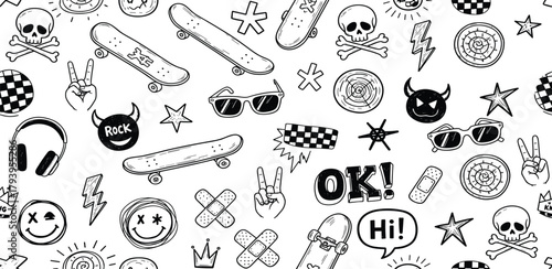 Doodle Elements A Pattern of Skateboard, Skull, Lightning, and Smiley Face Icons on a White Background