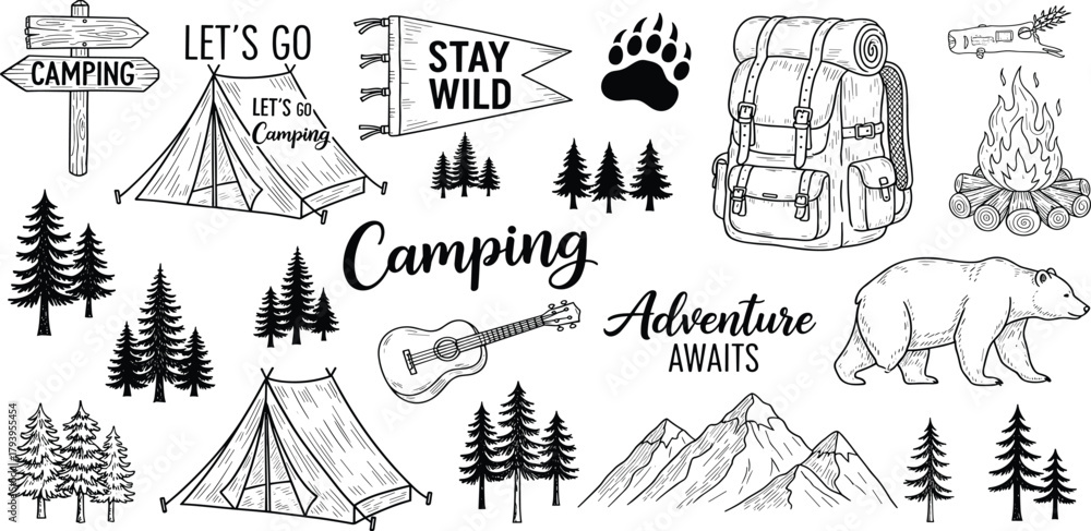 Fototapeta premium Camping Adventure Hand-Drawn Outdoor Exploration Elements