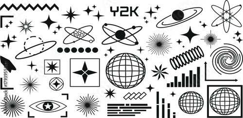 Vector graphic symbols set abstract stars, planets, orbits, globes, and geometric patterns for modern designs with a retro-futuristic aesthetic
