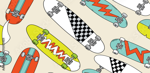 Vibrant and dynamic retro skateboard pattern design, capturing the essence of urban youth culture with colorful decks and playful graphic elements for a cool background or textile