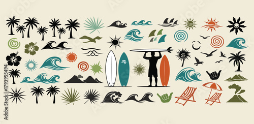 Vibrant Summer Beach Collection Surf, Sun, and Tropical Paradise Vectors