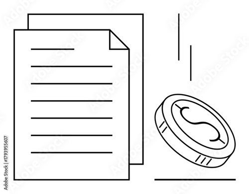 Paper document paired with a coin representing financial matters, contracts, or payments. Ideal for business, currency, taxation, legal, budgeting accounting trade. Simple flat metaphor