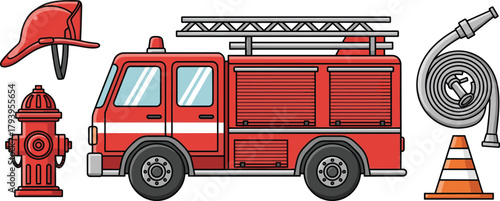Emergency Rescue Equipment A Detailed Illustration of Firefighting Tools and Vehicles