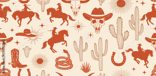 Seamless Desert Western Pattern Cowboys, Cacti, Skulls, and Horses in Earthy Tones for Textiles
