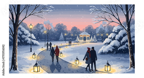 A serene winter park scene at dusk with snow-covered trees, illuminated path, people strolling, and a lit gazebo in the background.
