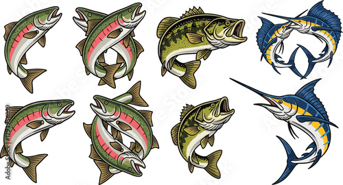 Freshwater Fish Collection Trout, Bass, and Marlin Vector Illustrations