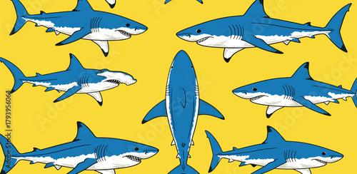 Shark Pattern Blue Sharks on Yellow Background for Marine Design