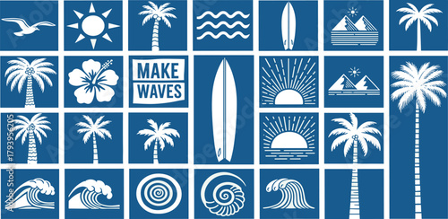 Collection of Surfing and Tropical Themed Vector Icons in Blue and White