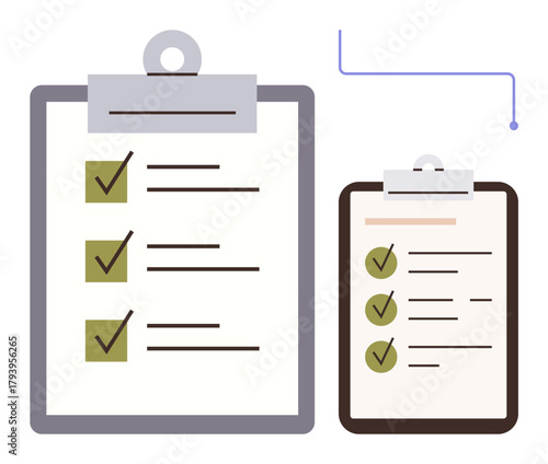 Large and small clipboards with checklists, completed tasks, and connecting graphic elements. Ideal for organization, productivity, planning, management, goals, success simple flat metaphor