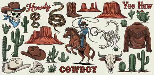 Cowboy Western Themed Illustration With Iconic Symbols And Elements